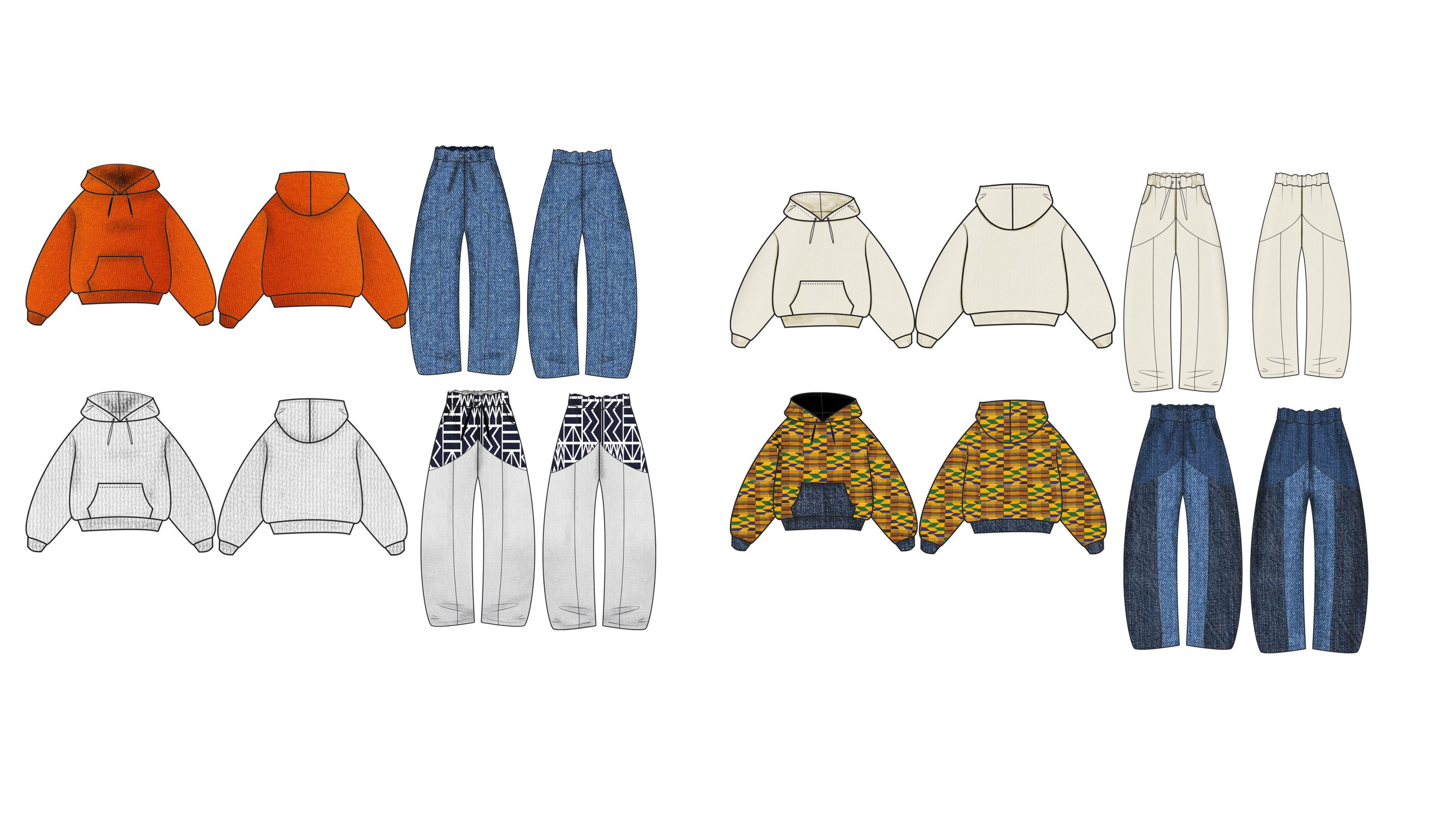 Variations of hoodie and trouser sets